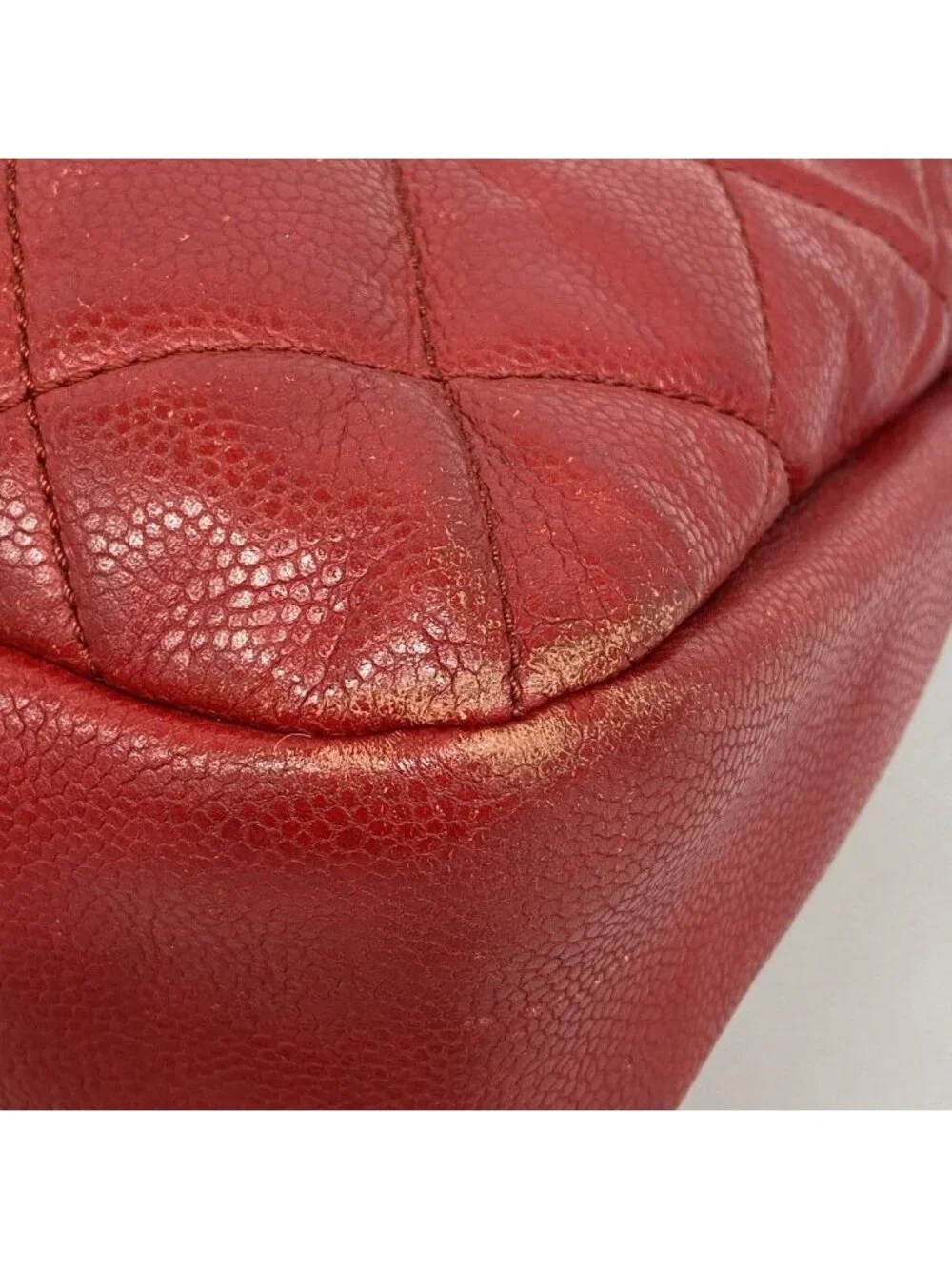 Chanel Chain Tote Quilted Caviar Leather Red Silver